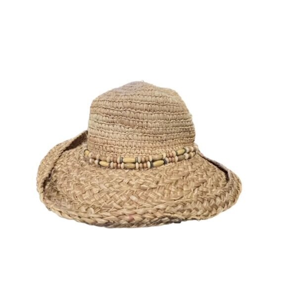 Flip Brim Bucket Style Straw Hat Beaded Band‎ BOHO Cottagecore Sun Pool Beach - Picture 1 of 7
